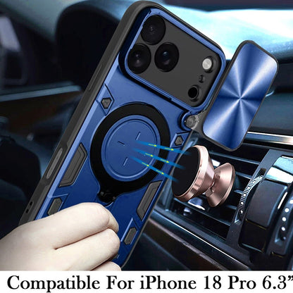 Phone Case for Apple iPhone 18 Pro/ iPhone 17 Pro Magnetic Ring Stand Shockproof Hybrid Full Camera Slide Guard Anti Slip Heavy Duty Protective Armor Cover Blue