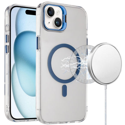 For Apple iPhone 15 Transparent Hybrid Magnetic Circle with Camera Lens Kickstand, Shockproof Slim TPU PC Case Cover