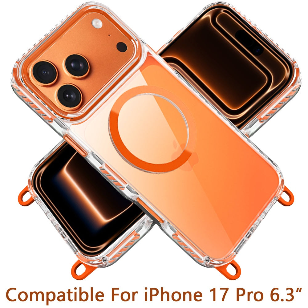 For Apple iPhone 17 Pro (6.3") Clear Magnetic Frame PC Back Shockproof Protective Case with Detachable Lanyard Strap, Compatible with MagSafe Case Cover Cosmic Orange