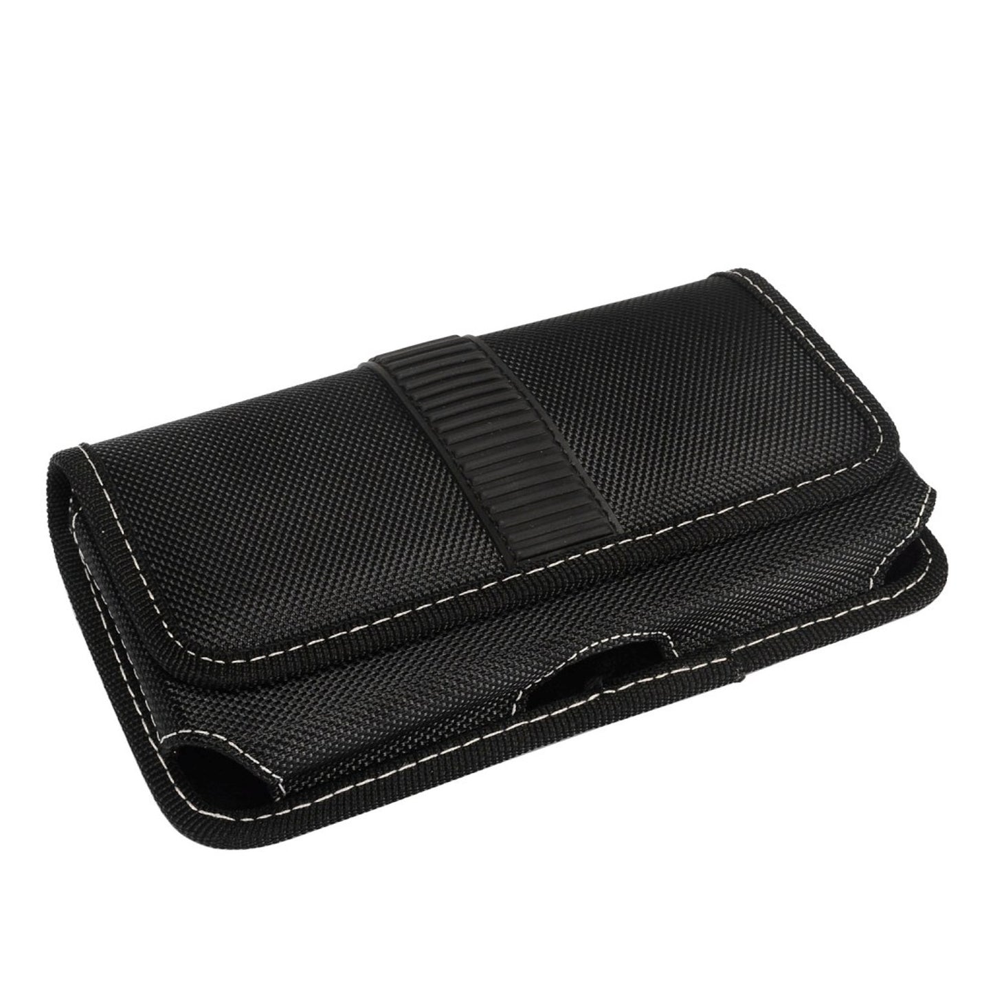 For Apple iPhone 16 Plus (6.7") Rugged Canvas Cellphone Belt Clip Cover Holster Pouch Holder with Belt Loops Universal Horizontal Carrying Case [Black]
