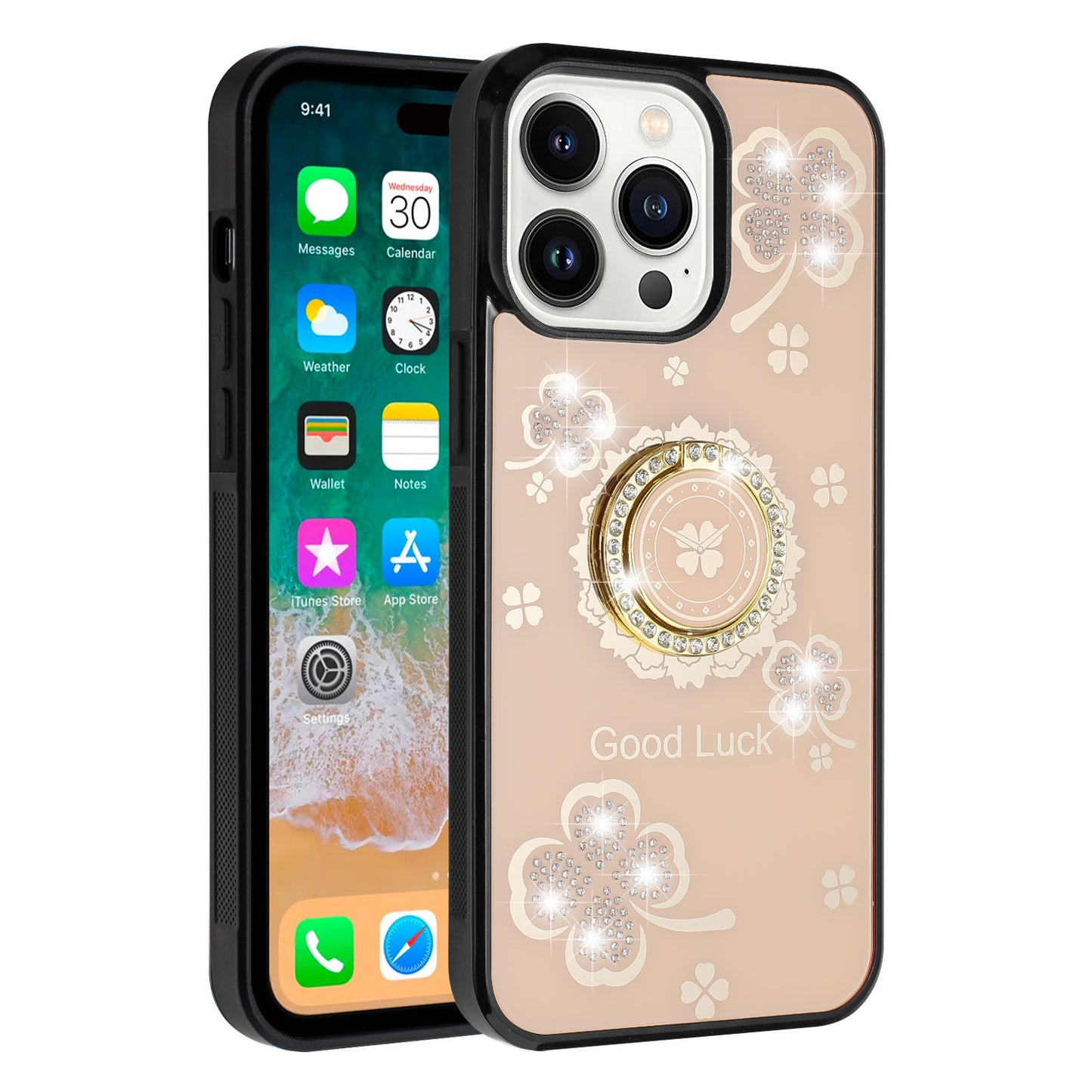 For Apple iPhone 16 Pro (6.3") Diamonds 3D Bling Sparkly Glitter Ornaments Engraving Hybrid Fashion Ring Stand Case Cover