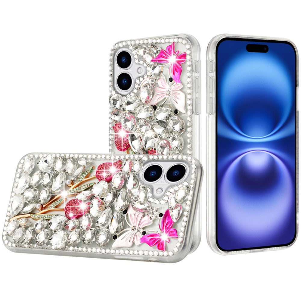 For Apple iPhone 17 (6.3") Bling Crystal 3D Full Diamonds Luxury Sparkle Rhinestone Hybrid Protective Case Cover