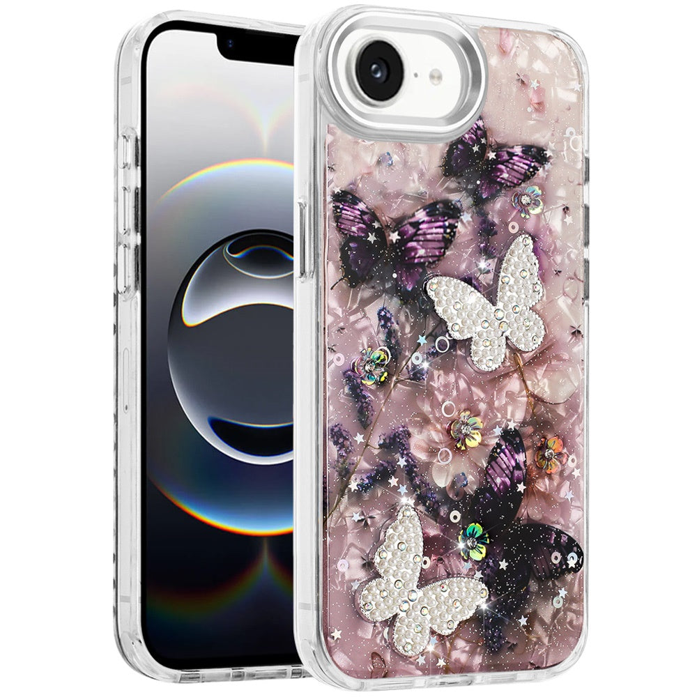 For Apple iPhone 17E /16E Epoxy Glitter Flowers Bling 3D Butterfly Fashion TPU Hybrid with Shockproof Protection Case Cover