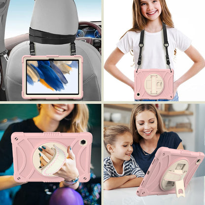 For 3-in-1 Tough Hybrid Shockproof Protector Silicone TPU with Pencil Holder, Kickstand, Hand & Shoulder Strap Rose Gold Pink Tablet Case Cover