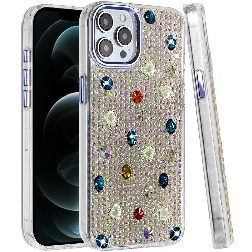 Phone Case for Apple iPhone 12 Pro Max Chrome Fashion Hybrid Bling Diamond Heart Rhinestone Decorative Stones Sparkling Embellished Design Cover
