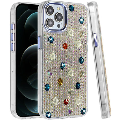 Phone Case for Apple iPhone 12 Pro Max Chrome Fashion Hybrid Bling Diamond Heart Rhinestone Decorative Stones Sparkling Embellished Design Cover