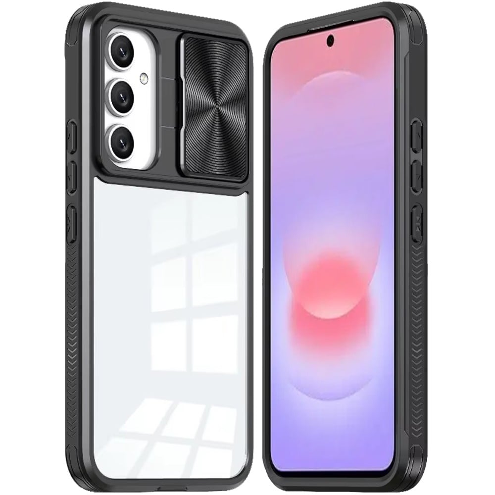 Phone Case for Samsung Galaxy A37 Clear Transparent Back with Sliding Camera Hybrid Shockproof Slim Protective Durable Colorful Frame Cover Black