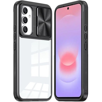 Phone Case for Samsung Galaxy A37 Clear Transparent Back with Sliding Camera Hybrid Shockproof Slim Protective Durable Colorful Frame Cover Black