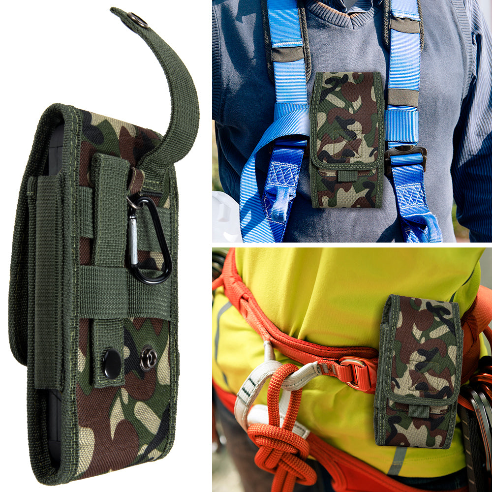 For Apple iPhone 16 Plus (6.7") Universal Vertical Pouch Case Camouflage Cell Phone Holster with Belt Clip Loop, Carabiner & Credit Card Slot Cover [Camo Green]