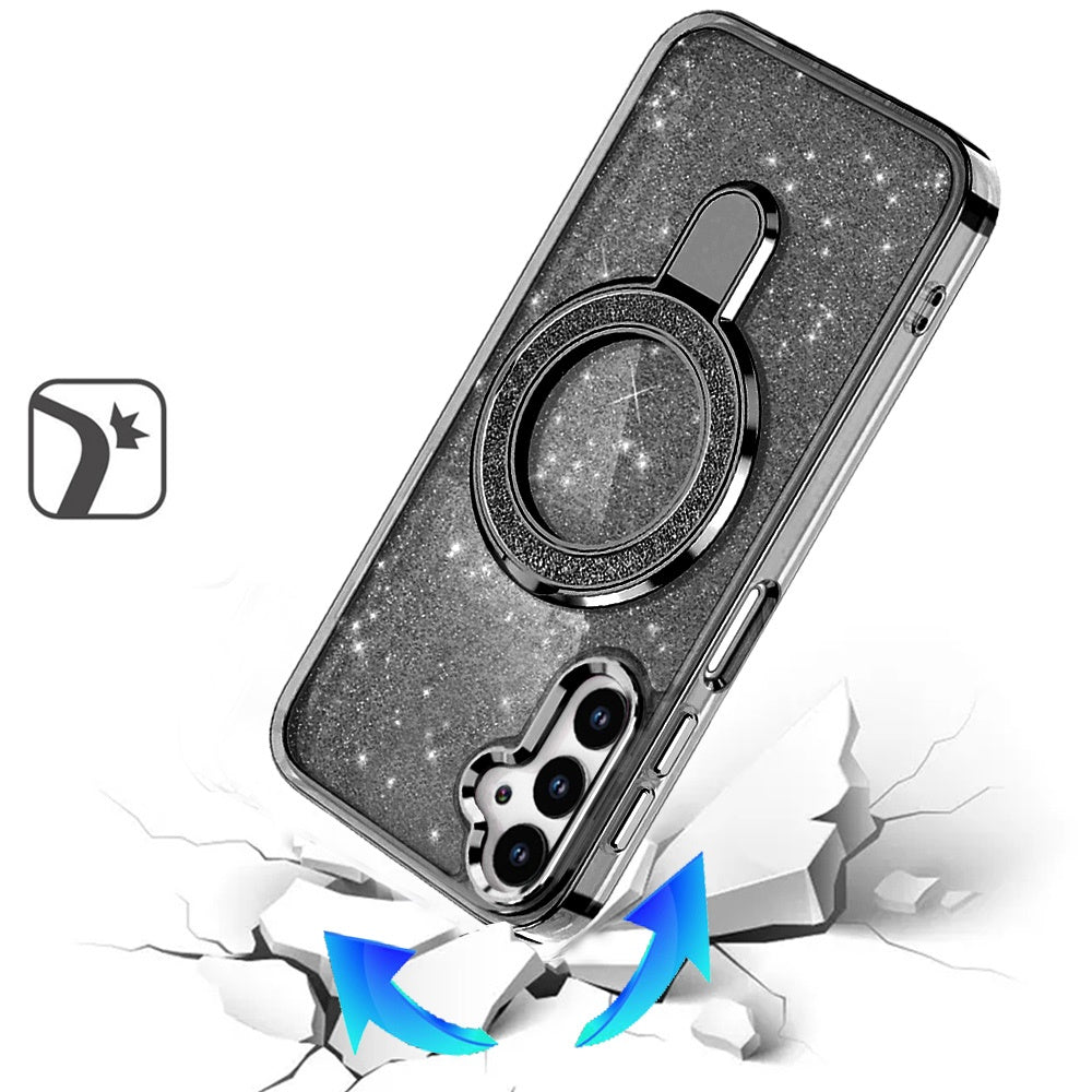 For Samsung Galaxy A16 5G Transparent Glitter Bling Case with Rotating Magnetic Ring Stand, Shockproof Hybrid Case Cover Cosmic Orange