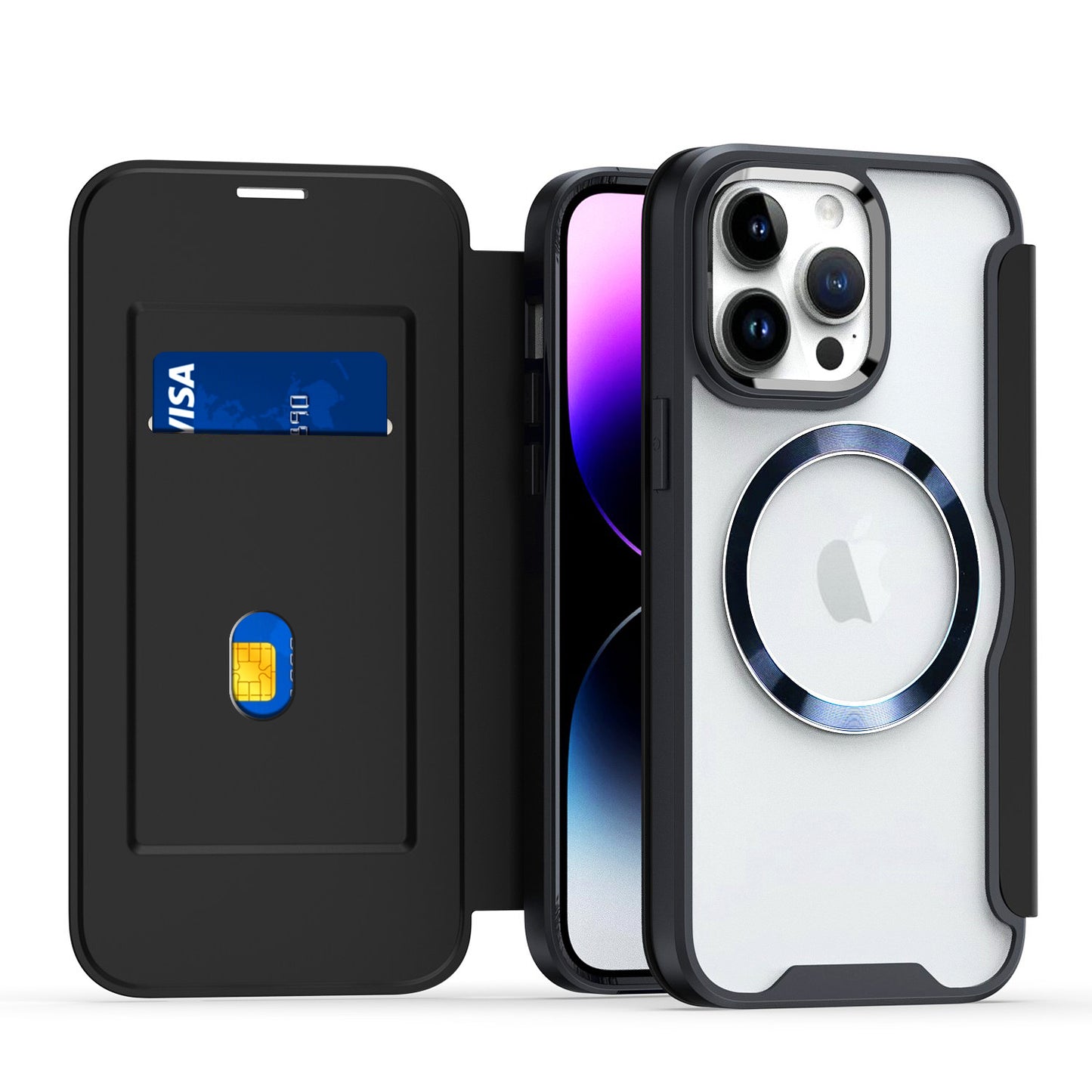For Apple iPhone 16 (6.1") Flap Wallet Case Credit Card Slot, Clear TPU Back Hard [Magnetic Circle] Compatible with Magsafe Case Cover Black