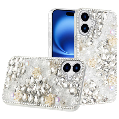 For Apple iPhone 17 (6.3") Fashion Rose Flower Floral, 3D Bling Crystal Full Diamonds Pearl Sparkle Rhinestone Glitter Hybrid Case Cover