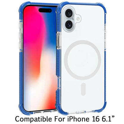 For iPhone 16 (6.1") Magnetic Acrylic Case Transparent Back, Rugged Colorful Frame, Shockproof Hybrid, MagSafe Compatible Case Cover Blue