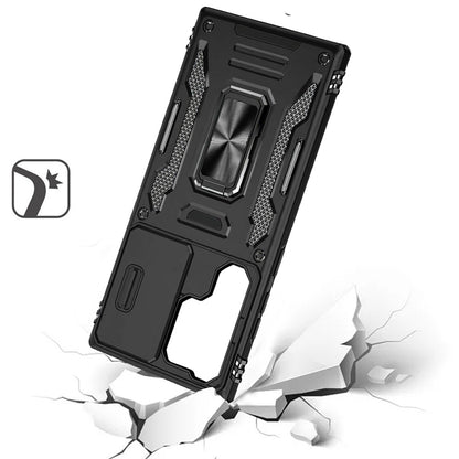 Phone Case for Samsung Galaxy S24 Ultra Tough Metal Ring Shockproof Sliding Camera Window Hybrid Armor Rugged Anti Slip Heavy Duty Grip Cover Black