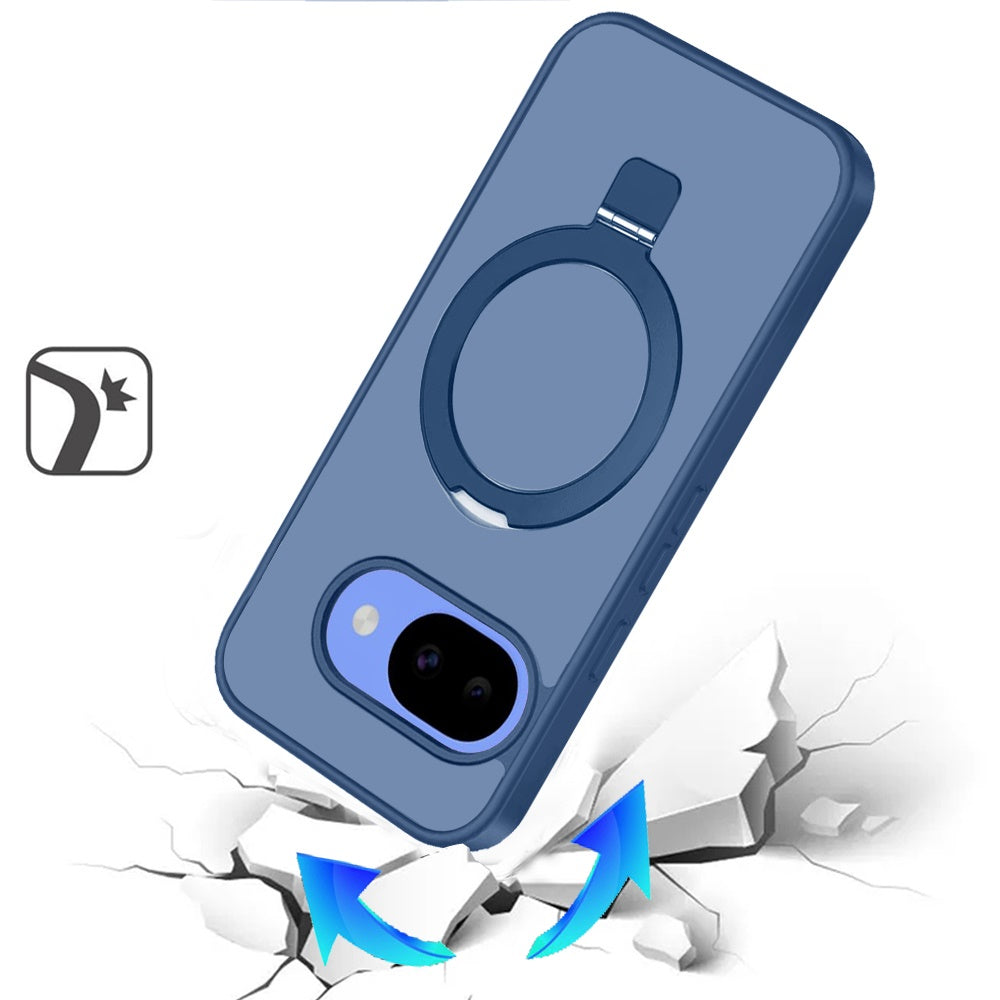 Phone Case for Google Pixel 10A Magnetic Ring Stand Full Rotation Matte Shockproof Grip Anti Slip Durable Camera Protection Hybrid Cover Blue