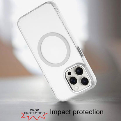 For Apple iPhone 15 Pro Max Transparent Back Hybrid Case - Magnetic Circle, Color Frame, Metal Buttons, MagSafe Compatible Case Cover
