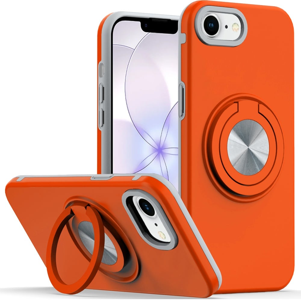 Phone Case for Apple iPhone 17E /16E Shockproof Magnetic Ring Stand Rotating CarMount Hybrid Metal Matte Finish AntiSlip Grip Kickstand Cover Cosmic Orange