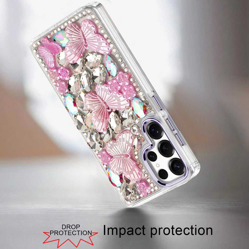 For Samsung Galaxy S24 Ultra 3D Diamond Floral Butterfly Bling Stone Hybrid, Sparkly Rhinestone Gemstone Back Shockproof Case Cover