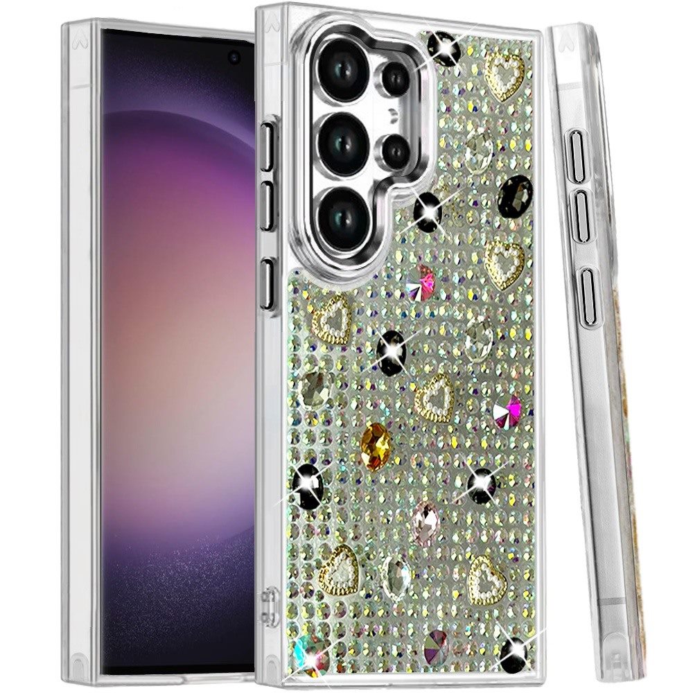 Phone Case for Samsung Galaxy S23 Ultra Chrome Fashion Hybrid Bling Diamond Heart Rhinestone Decorative Stones Sparkling Embellished Design Cover