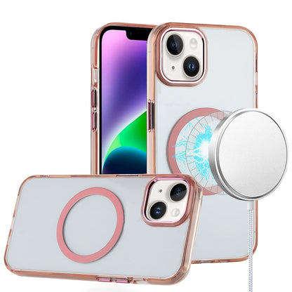 Phone Case for Apple iPhone 14/13 Magnetic Clear Acrylic Metal Button Camera Guard Shockproof Transparent Slim Grip Premium Hybrid Cover Rose Gold