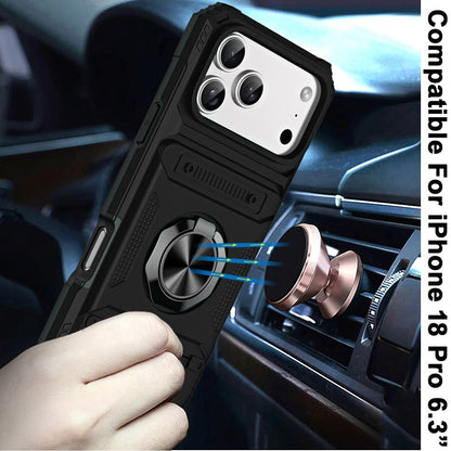 Phone Case for Apple iPhone 18 Pro Multi Functional Card Slot Shockproof Metal Ring Hybrid Wallet Rugged Protective Grip Heavy Duty Durable Cover