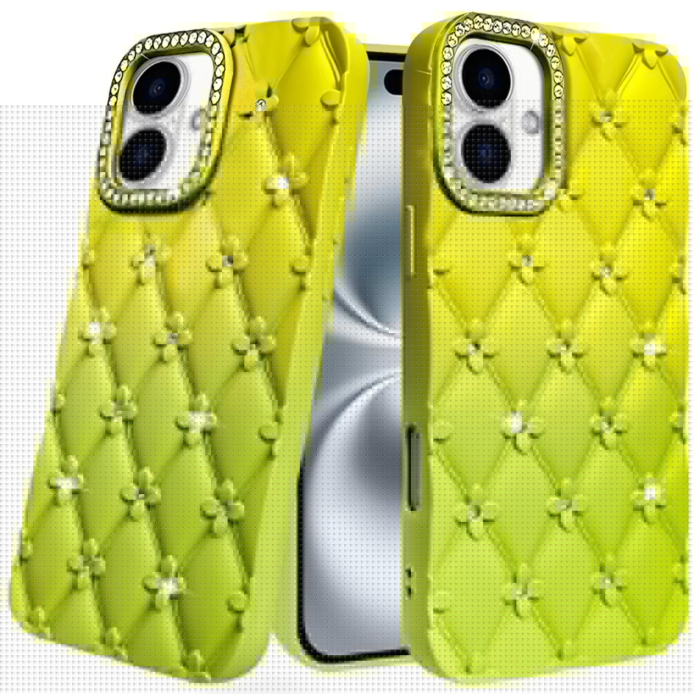For iPhone 16 (6.1") Fashion Flower Design Sparkle Glitter Shimmer Rhinestone Bling Floral Accents, Leather Texture TPU Case Cover Yellow/Green