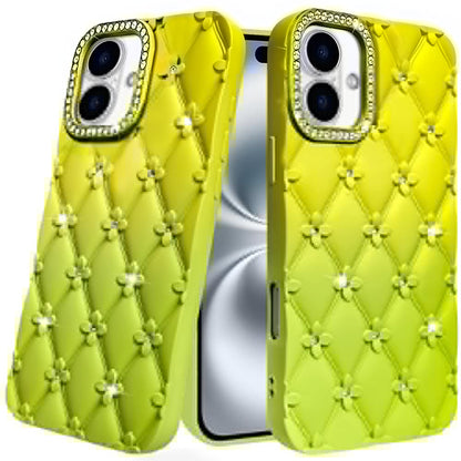For iPhone 16 (6.1") Fashion Flower Design Sparkle Glitter Shimmer Rhinestone Bling Floral Accents, Leather Texture TPU Case Cover Yellow/Green