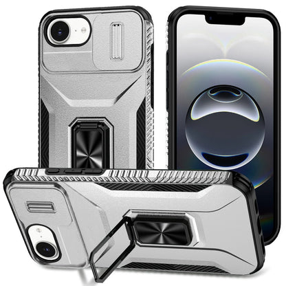 For Apple iPhone 16e Case, Camera Cover with Magnetic Rotation Ring Stand, Military Grade Hybrid Hard TPU Shockproof Case Cover Silver