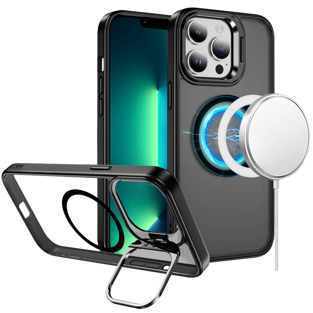 For Apple iPhone 15 Pro Max Heavy Duty Metallic Hybrid Tough TPU with Camera Ring Stand, MagSafe Compatible, Rugged Drop Protection Case Cover