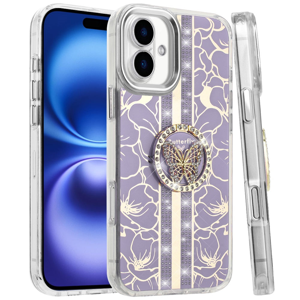 For Apple iPhone 17 (6.3") Diamonds 3D Butterfly Floral Design Bling Sparkly Glitter Hybrid Metal Fashion with Ring Stand Case Cover