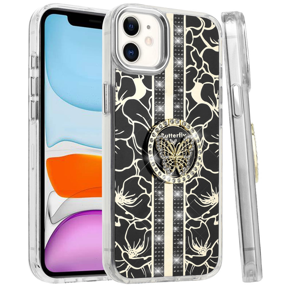 For Apple iPhone 11 Diamonds 3D Butterfly Floral Design Bling Sparkly Glitter Hybrid Metal Fashion with Ring Stand Case Cover