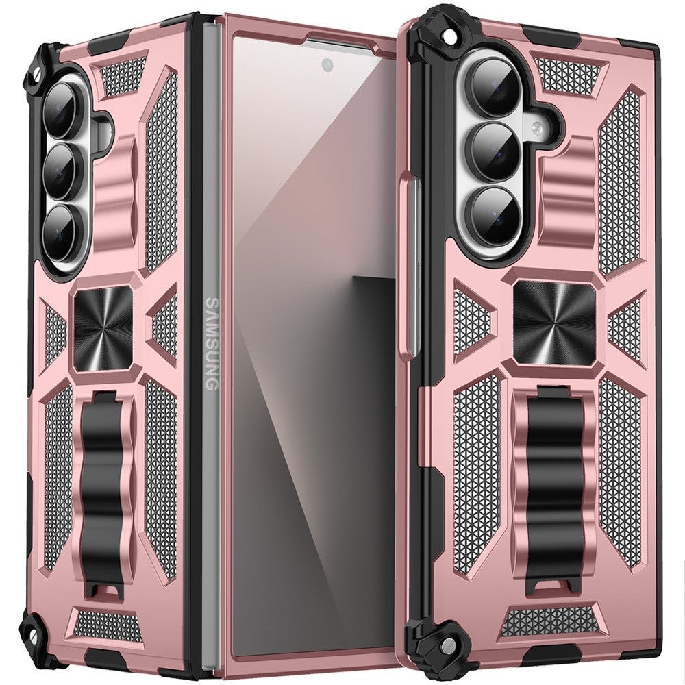 Phone Case for Samsung Galaxy Z Fold 7 Built in Magnetic Hiden Kickstand Shockproof Rugged Armor Grip Hybrid Heavy Duty Anti Slip Protective Style Cover Rose Gold
