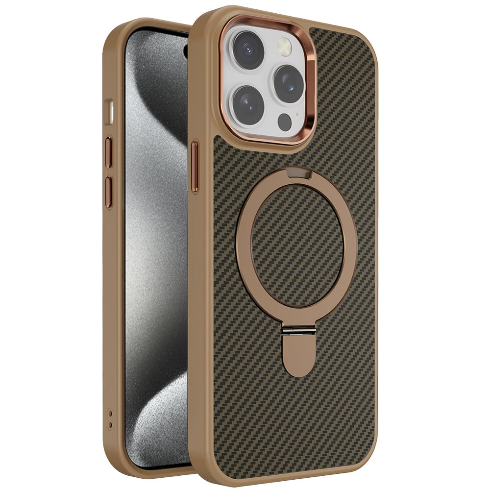 For Apple iPhone 16 Pro Max Hybrid Carbon Fiber Design with MagSafe Compatible [Magnetic Circle], Ring Stand Shockproof Slim TPU Case Cover