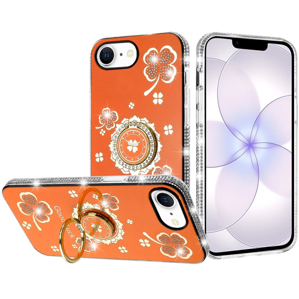Phone Case for Apple iPhone 17E /16E Glitter Diamond Ring Stand Sparkle Rhinestone Edge AntiSlip Kickstand Luxury Fashion Bumper Shockproof Cover Cosmic Orange