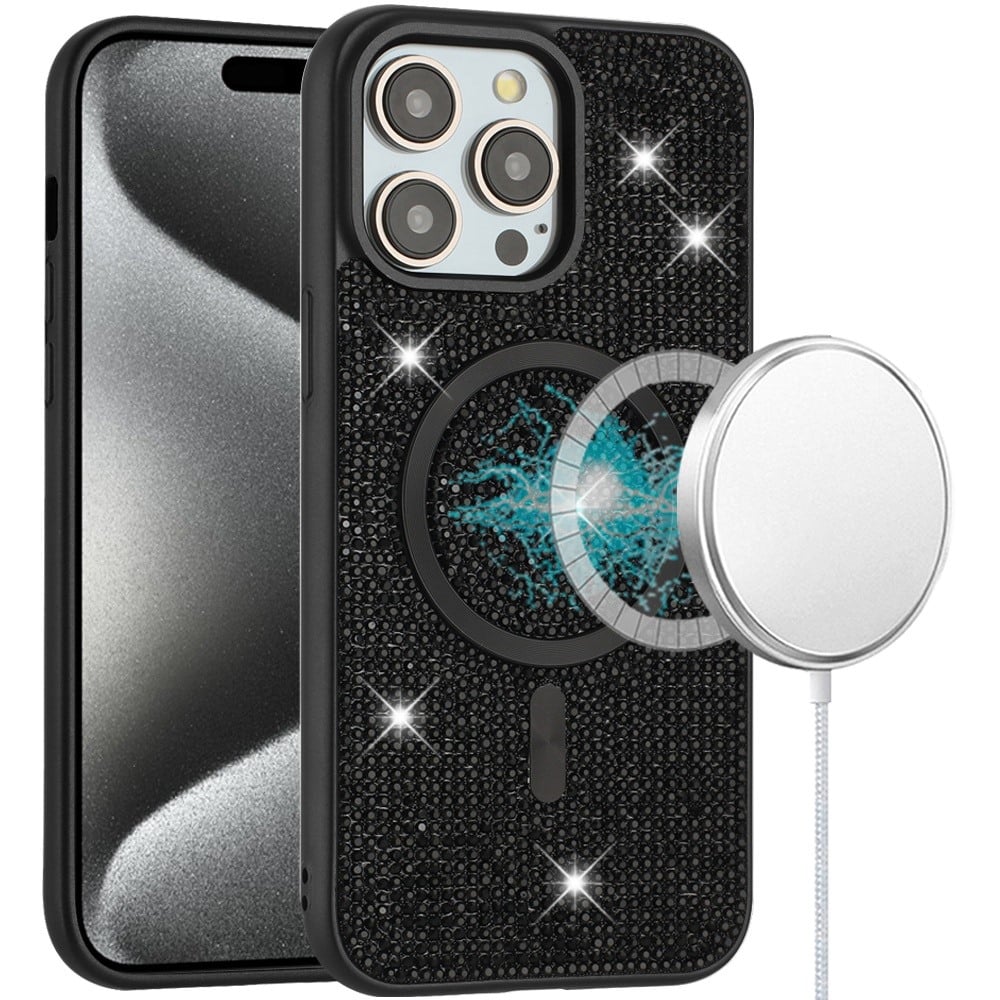 Phone Case for Apple iPhone 15 Pro Max Magnetic Bling Diamond Sparkle Hybrid Shockproof Rugged Grip Durable Protection Anti-Slip Armor Design Cover Black