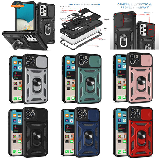 For Apple iPhone 16 Pro (6.3") Built in Sliding Camera Lens Protection & Finger Ring Stand Holder Hybrid PC Shockproof Case Cover