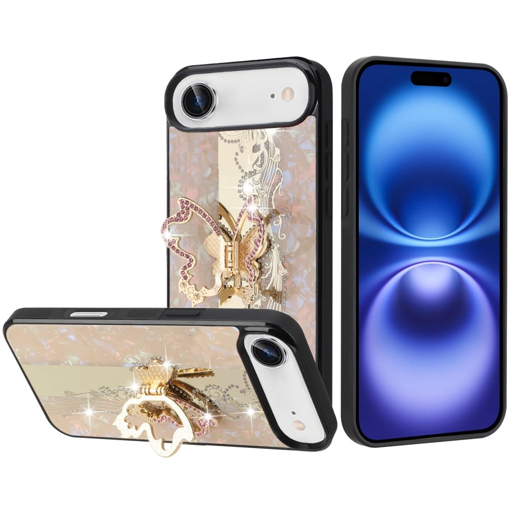 For Apple iPhone 17 Air (6.6") Diamonds 3D Fashion Bling Sparkly Glitter Ornaments Engraving Hybrid with Ring Stand Case Cover