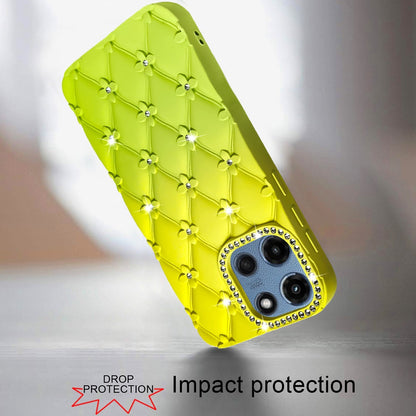 For Motorola Moto G 5G 2026/2025 Fashion Flower Design Sparkle Glitter Shimmer Rhinestone Bling Floral Accents, Leather Texture TPU Case Cover Yellow/Green