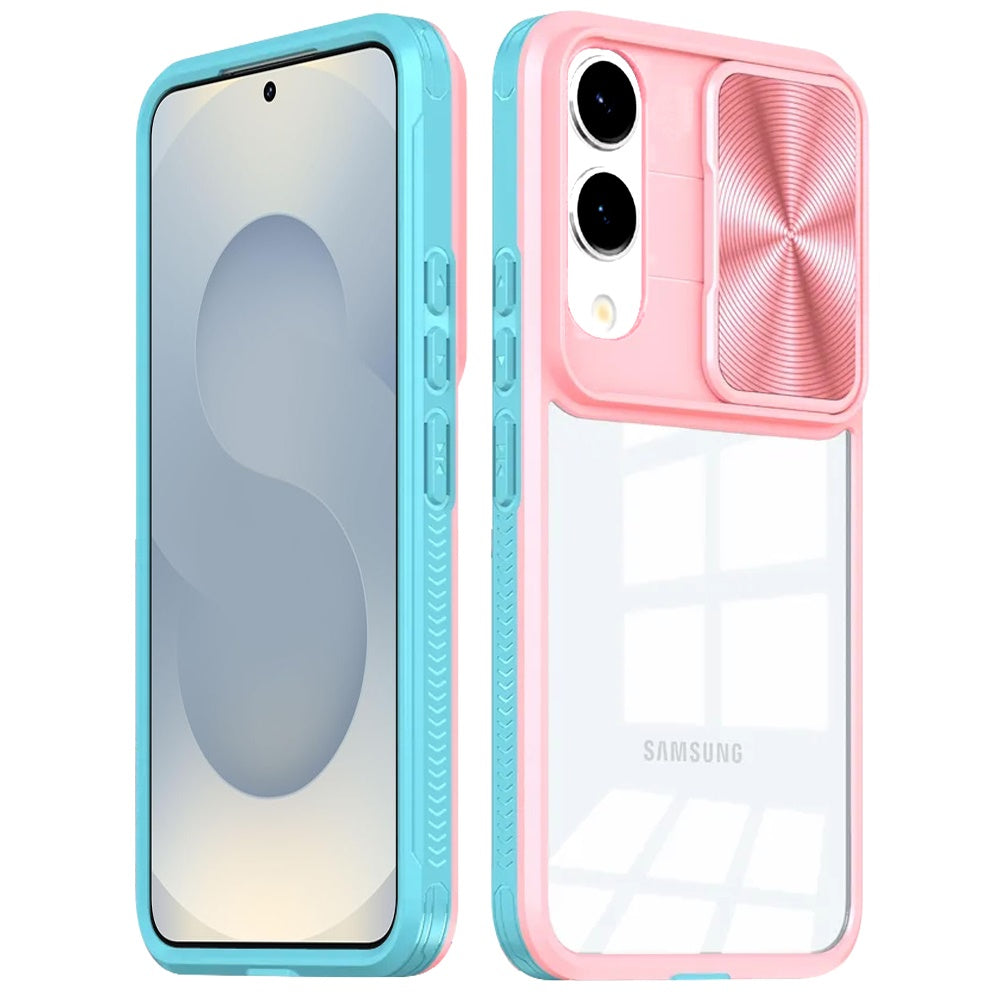 For Samsung Galaxy S25 Edge Hybrid Cases with Sliding Camera Cover Transparent Shockproof Bumper TPU Protective Case Cover Pink/Blue