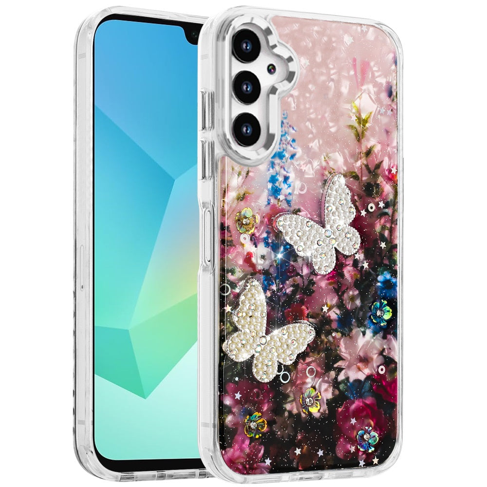 For Samsung Galaxy A16 5G Epoxy Glitter Flowers Bling 3D Butterfly Fashion TPU Hybrid with Shockproof Protection Case Cover