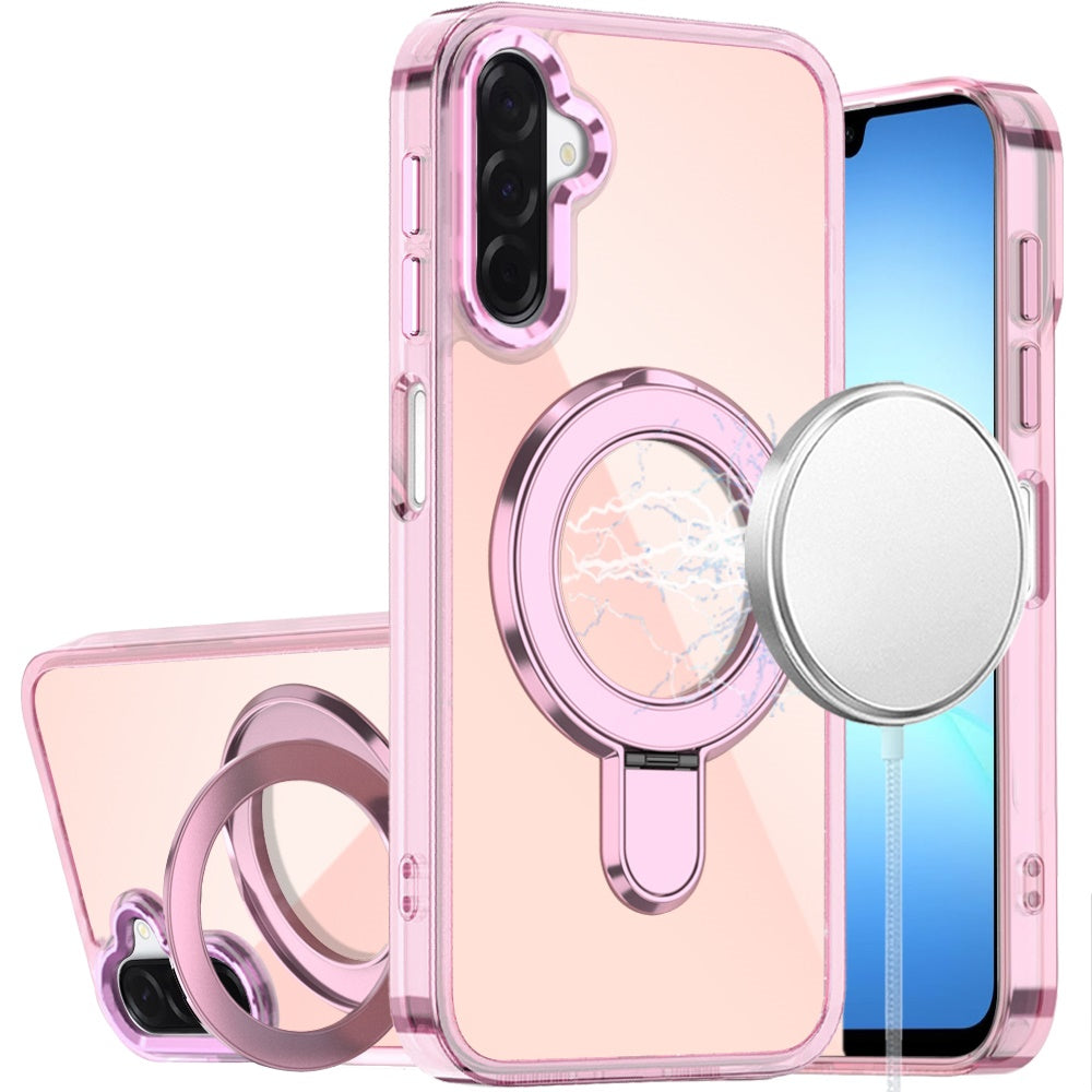 Phone Case for Galaxy A17 5G Chrome Magnetic Ring Stand Rotational Shockproof Hybrid Kickstand Metal Finish Rugged Drop Protection Armor Cover Pink