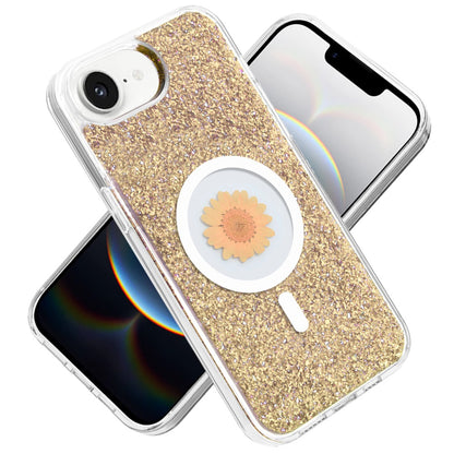 For Apple iPhone 16e MagSafe Compatible Glitter Flower Epoxy Hybrid Slim TPU Case, Magnetic Circle Design, Sparkly Bling Protective Case Cover