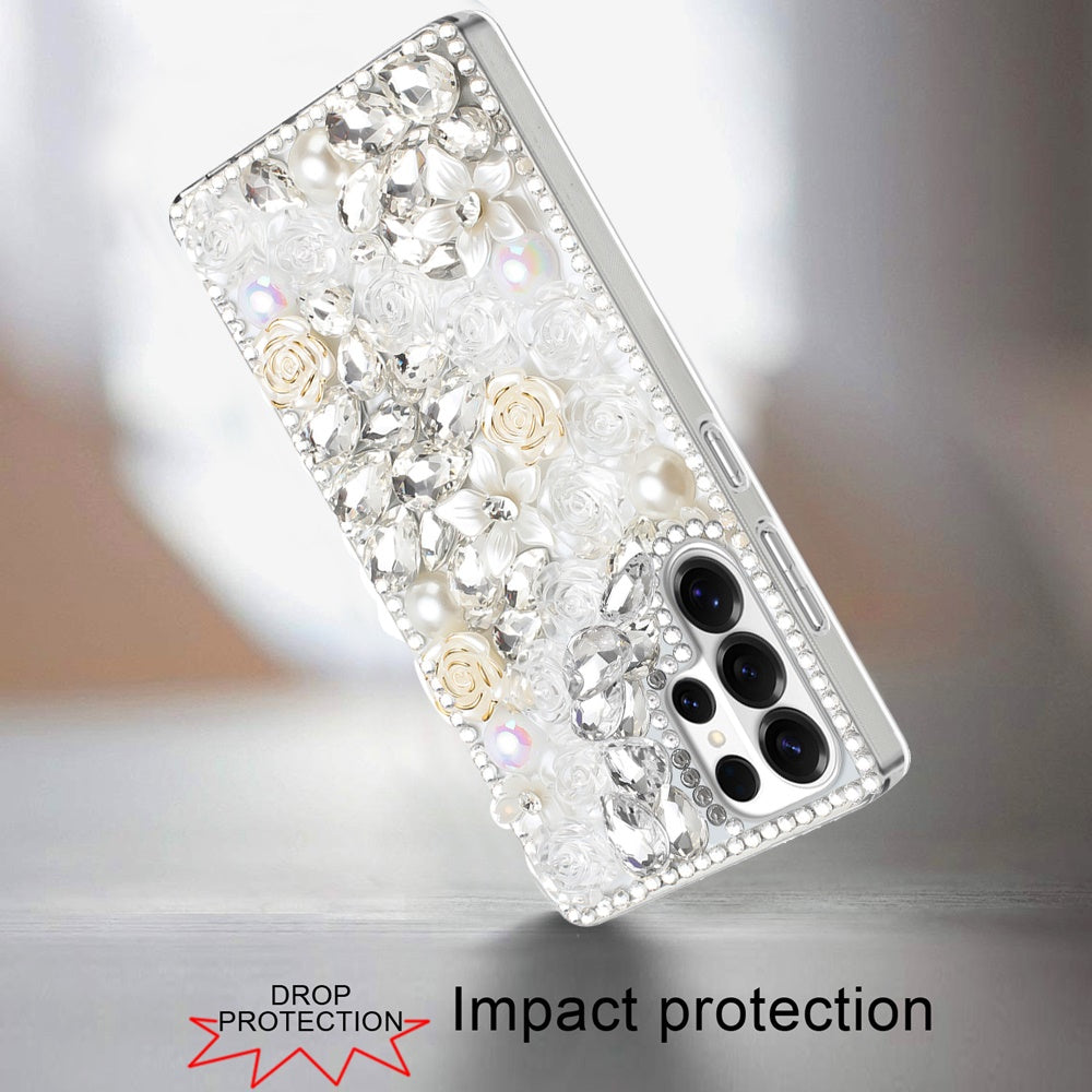 For Samsung Galaxy S26 Ultra Fashion Rose Flower Floral, 3D Bling Crystal Full Diamonds Pearl Sparkle Rhinestone Glitter Hybrid Case Cover