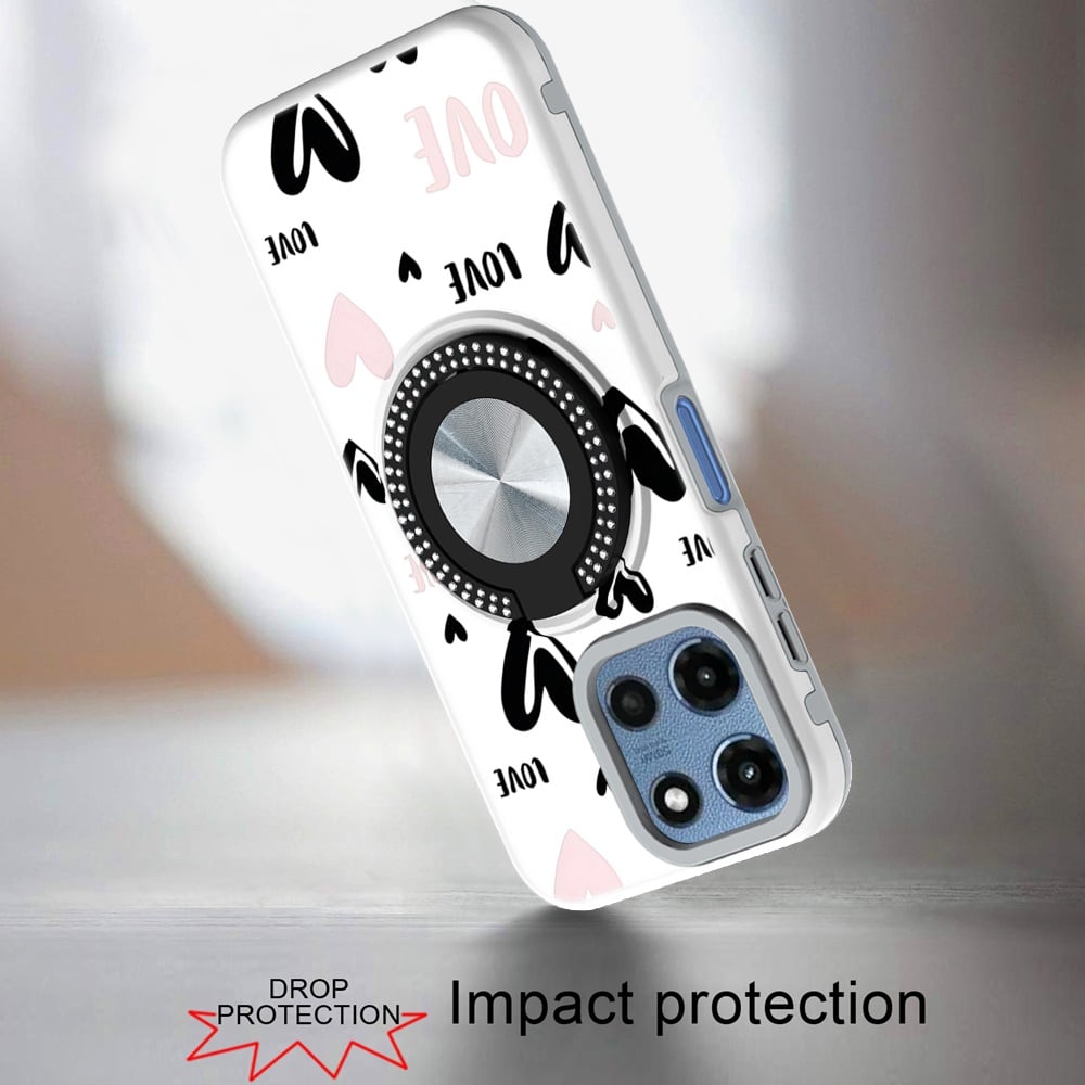 Phone Case for Motorola Moto G 5G 2026 / 2025 Magnetic Ring Stand Matte Metal Hybrid Car Mount Friendly Shockproof Rotational Grip Diamond Design Pattern Cover Love Heart Love