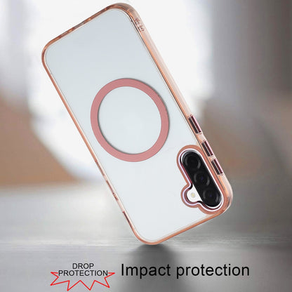 For Samsung Galaxy A57 Transparent Back Hybrid Case - Magnetic Circle, Color Frame, Metal Buttons, MagSafe Compatible Case Cover Rose Gold