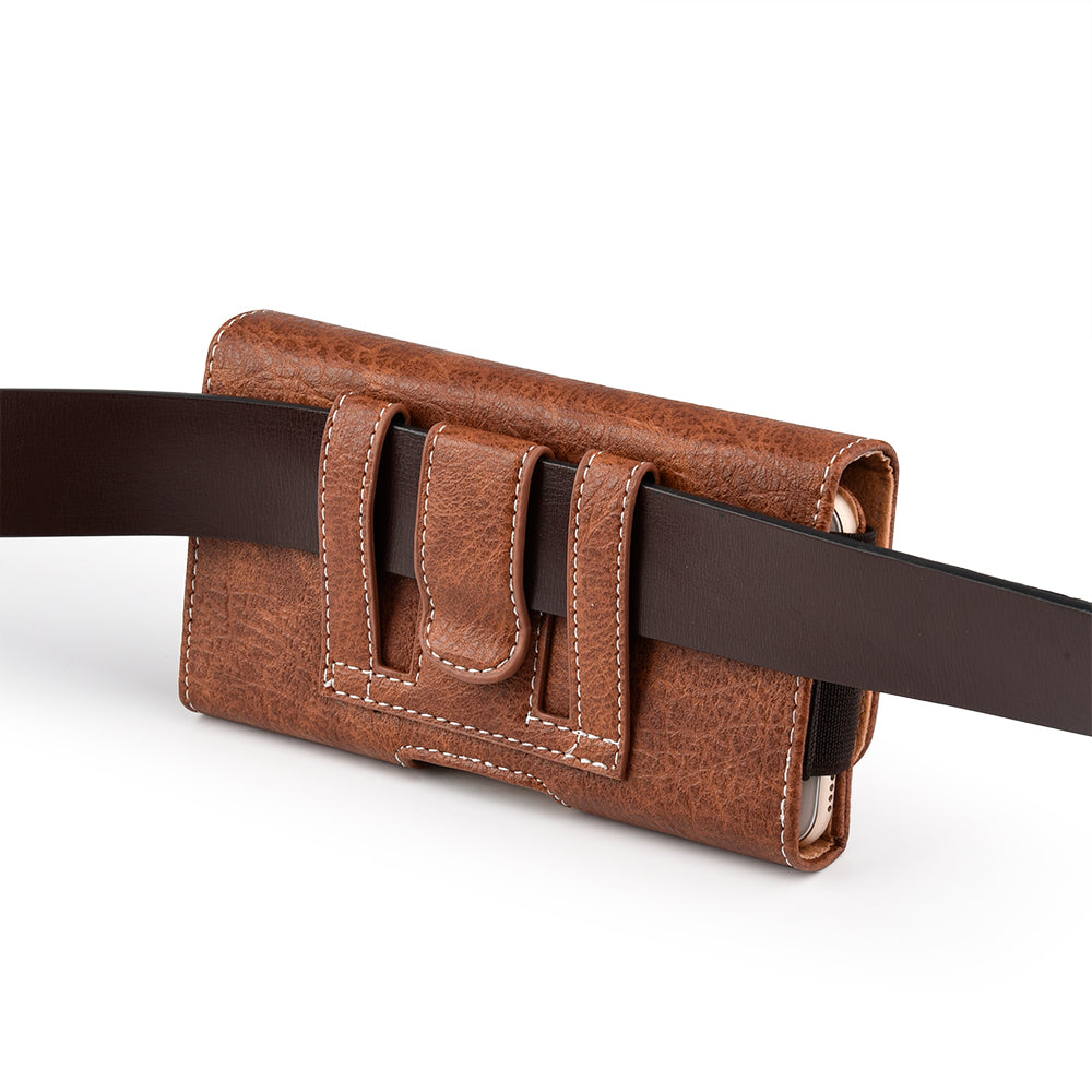 For Apple iPhone 16 (6.1") Universal Horizontal Cell Phone Leather Pouch Holster Carrying Case with Credit Card Slots & Belt Clip Loop Cover [Brown]