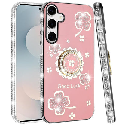 For Samsung Galaxy S26 Diamonds Bling All Around Edges Sparkly Glitter Hybrid with Ring Stand Holder Fashion Good Luck Case Cover