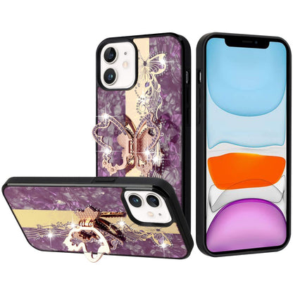 Phone Case for Apple iPhone 11 Diamond Glitter Butterfly Engraved Ring Stand Luxury Bling Hybrid Shockproof Chrome Edge Protective Durable Grip Cover Purple