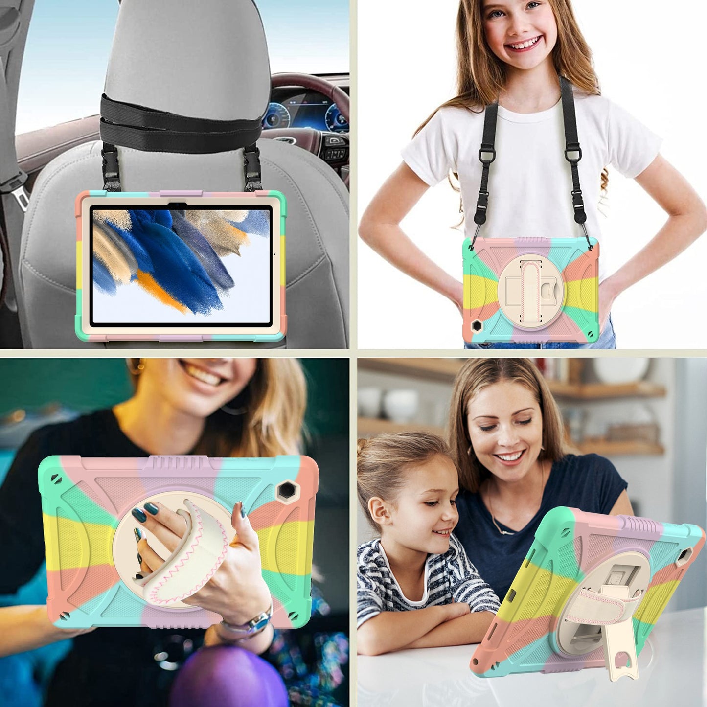 For 3-in-1 Tough Hybrid Shockproof Protector Silicone TPU with Pencil Holder, Kickstand, Hand & Shoulder Strap Colorful Rainbow Tablet Case Cover