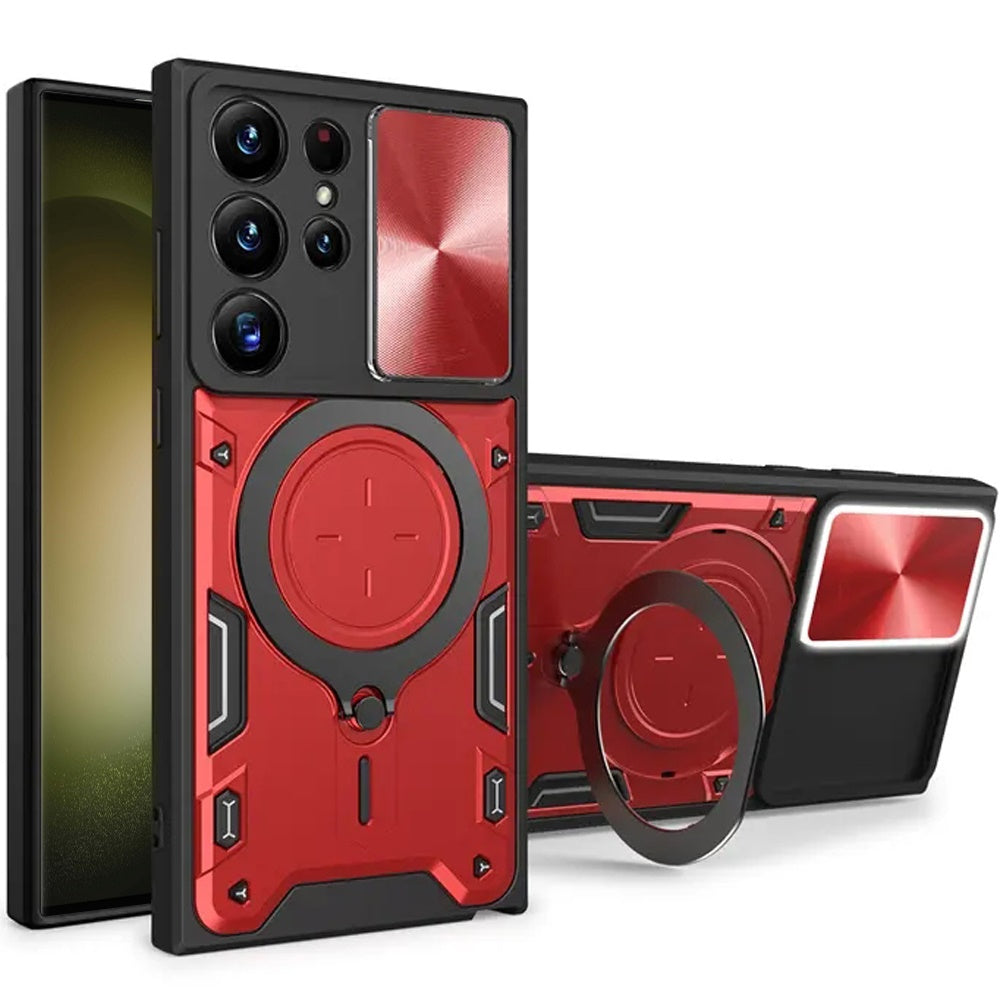 Phone Case for Samsung Galaxy S23 Ultra Magnetic Ring Stand Shockproof Hybrid Full Camera Slide Guard Anti Slip Heavy Duty Protective Armor Cover Red